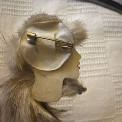 Vintage ‘Porcelain’ Lady’s Face Brooch, 5” Real Rabbit Fur Hat Profile Doll Pin