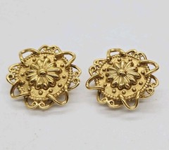 Gontie Flower Earrings Gold Tone Clip On Floral Onate Design Vintage Rare 1 in