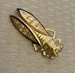 Vintage French Plastic Rhinestone Lucky Cicada Brooch Gold Painted Insect 1.5″
