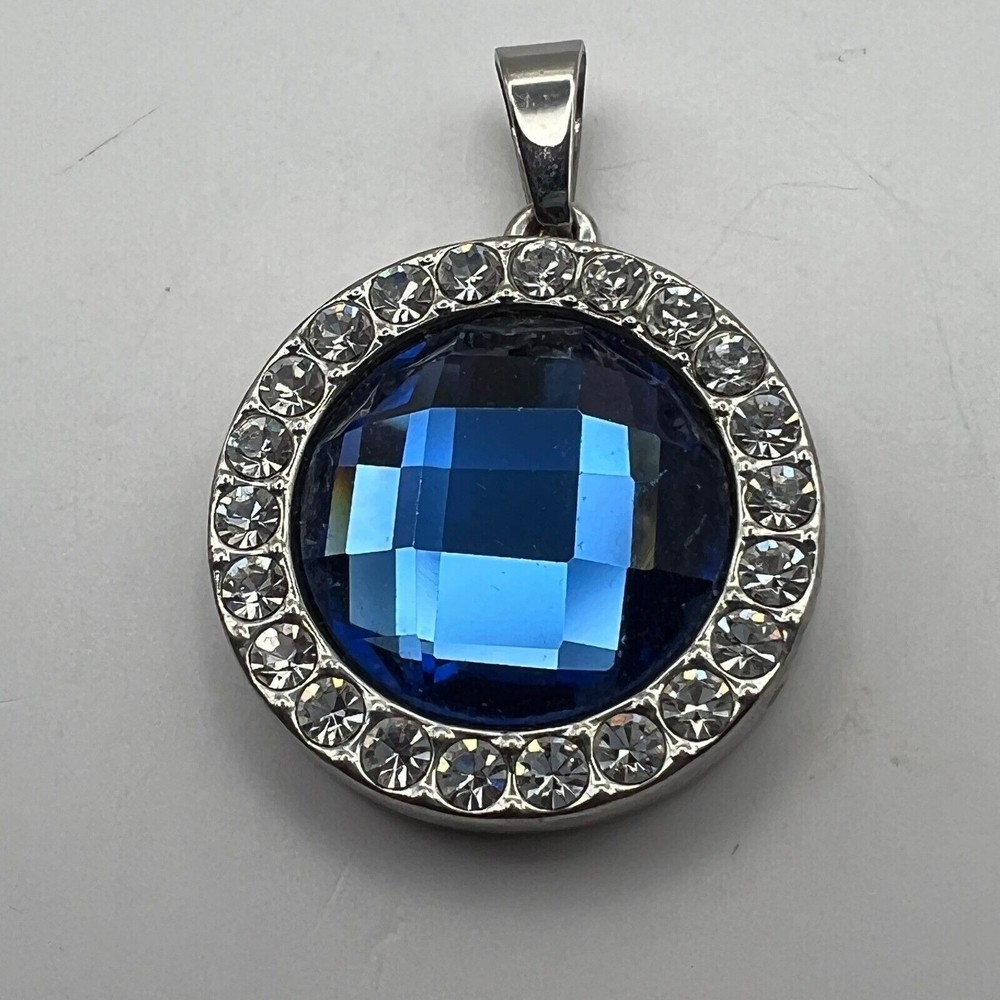 Vintage Simulated Blue Stone Pendant Faceted with Clear Crystal Accents