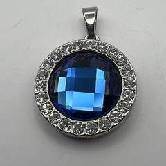 Vintage Simulated Blue Stone Pendant Faceted with Clear Crystal Accents