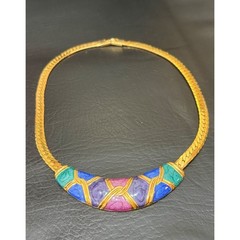 Vintage Enamel Jewel Tone Collar Necklace Womens Gold Tone Herringbone 16″