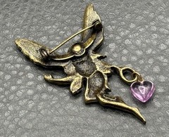 JJ Jonette VTG Gold Tone Fairy Brooch Pin Purple Heart Glitter Wings Mystical