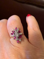 VINTAGE 14K WHITE GOLD RUBIES DIAMONDS CLUSTER SPRAY COCKTAIL RING STATEMENT