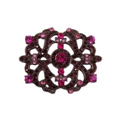 Vintage Style Purple Red Rhinestone Brooch Gunmetal Filigree Pin 2 By 1 1/2 In