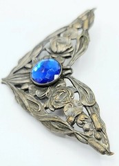 Silver Plated Art Nouveau Fairy Wing Blue Stone Sash Pin