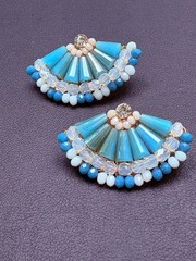 Vintage Aqua Blue Beaded Rhinestone Fan Earrings