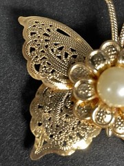 Set of 2 Butterfly Pin Brooches Gold Tone Metal Faux Pearl