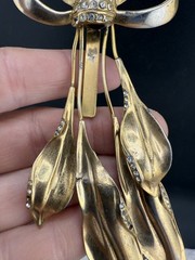 Vintage Bow Brooch Gold Tone Heavy Rhinestones READ