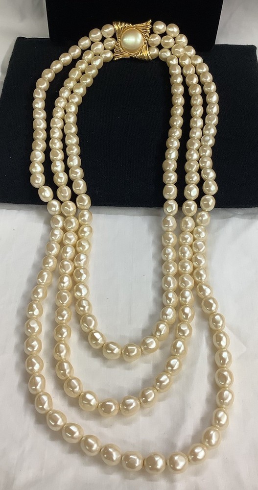 Large &Rare Vintage YSL Yves Saint Laurent 3 Strand Faux Baroque Pearl Necklace