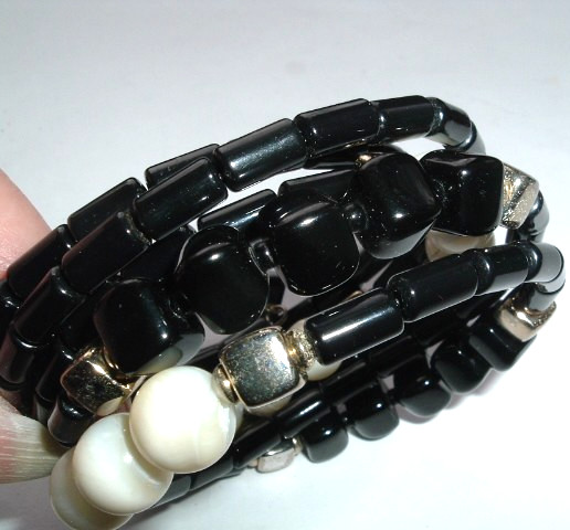 Vintage Black Gold White Mother of Pearl Wraparound Bracelet