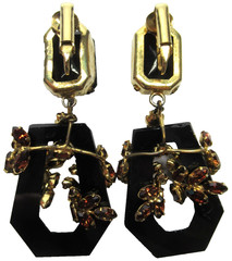 SCHREINER Black Hoop Rootbeer Wrapped Rhinestone Vintage Clip Earrings