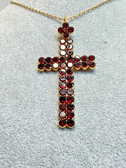 Antique Art Deco Gild Gold Table Cut Bohemian Garnets Cross Neck Pendant 2.75”