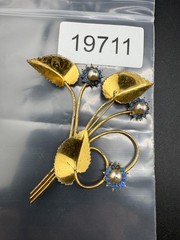 Vintage Faux Pearl Flower Brooch Blue Rhinestone Gold Tone READ