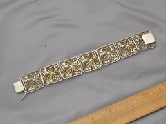 Vintage STERLING GERMANY Wide FILIGREE LINK BRACELET w/ MARCASITES-7 7/8 Inch