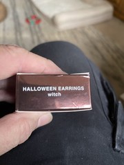 Vintage 2008 Avon Flying Witch on Broom Halloween Earrings Dangle Hoops w/ Box