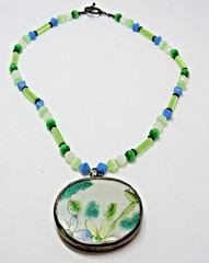 Vintage Silver Tone Glass Bead Necklace Floral Boho Retro Green Mod #J