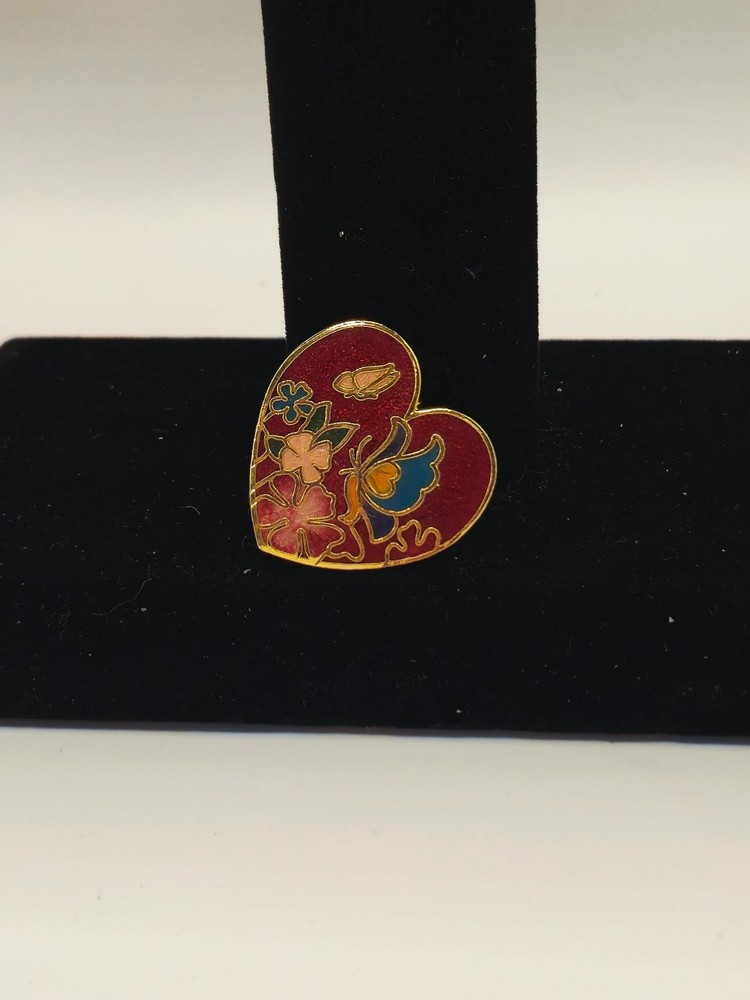Vintage Cloisonne Heart Brooch Pin Red Enamel Butterfly Floral Gold Tone 1″
