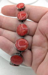 Vintage Stone Bracelet Sterling Silver 925 Composite Red Bezel Set Toggle 7-8″