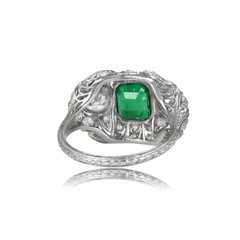 Antique Green Emerald & Lab Created Diamond Three-Stone Wedding 925 Silver Ring