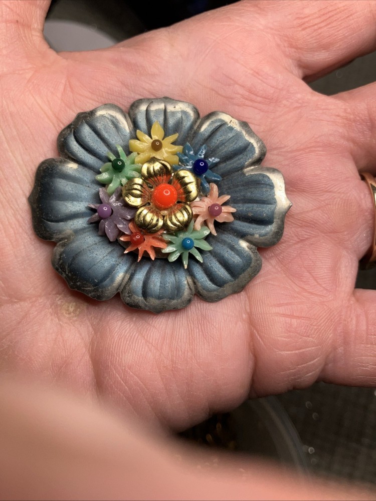 Vintage Czech tin metal flower pin brooch glass beads early plastic flowers