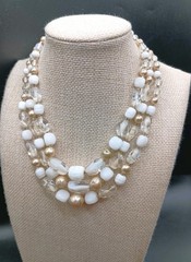 Vintage Japan Multi Strand Beaded Necklace Milk Glass Clear Champagne Pearl READ