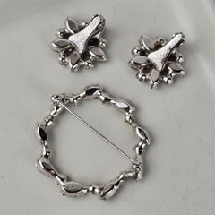 Vintage B. David Brooch & Clip Earrings Set Blue Navette Rhinestone & Faux Pearl