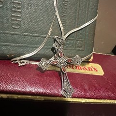 Vintage 925 Silver, Marcasite and Garnet Cross Pendant Necklace