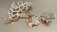 JOAN RIVERS Duet Convertible Flower Crystal Pin Brooch & Clip-on Earrings DsVa