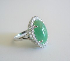 Light Green 14K Gold Cabochon Jadeite Jade Diamond Ring Vintage Estate Gift Idea