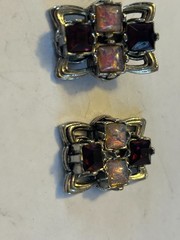 Vintage 1950s 1960s Clip On Earrings Red Rhinestone Opalescent Glass Silver Tone