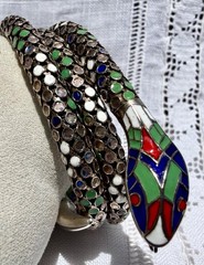 Antique German Art Deco Colorful Enamel SNAKE 935 Silver Wrap Bracelet