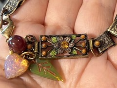 Vintage Faux Opal Heart, Japan Glass,& Book Chain Links Bracelet, Integrated New