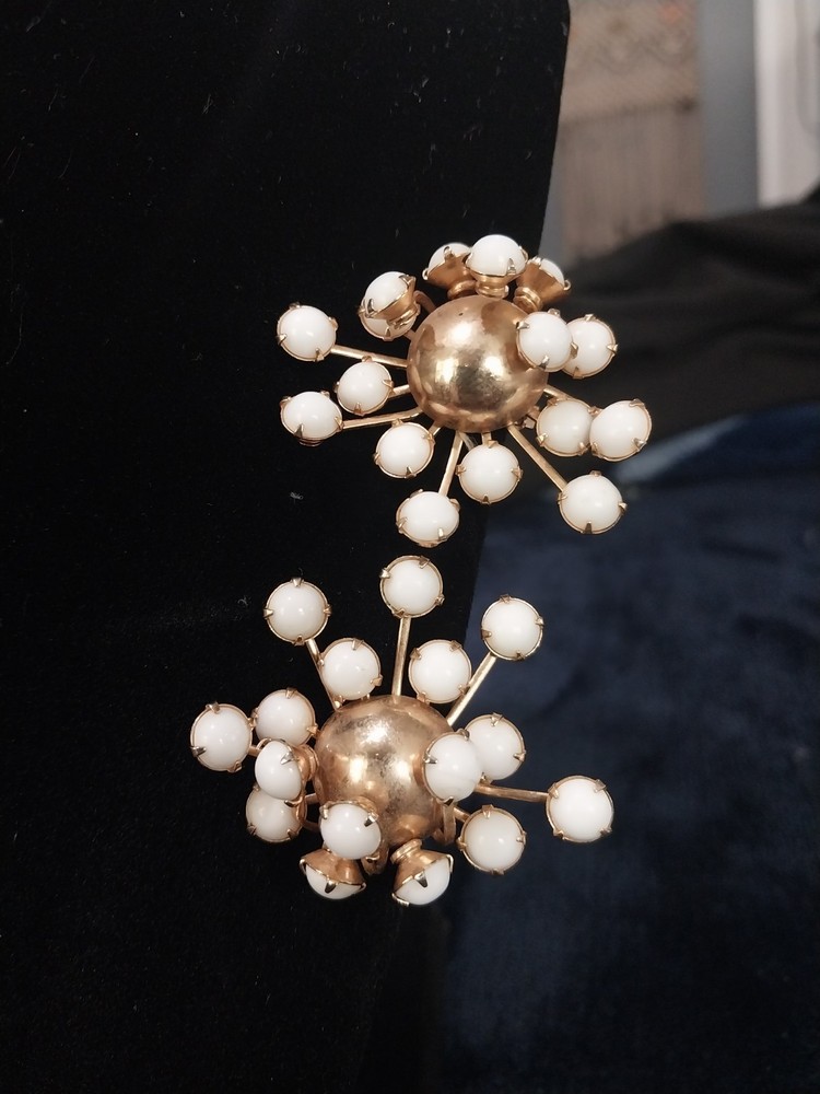 MCM Atomic Milk Glass Clip On Earrings Gold Tone