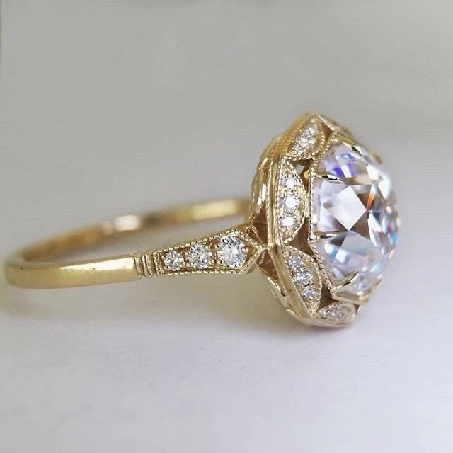 Art Deco Style Round Cut Lab Created Diamond 14K Yellow Gold FN Engagement Ring