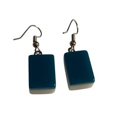 MAHJONG Tile Earrings White And Green Pierced Dangle Drop Acrylic Plastic VTG