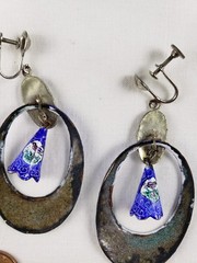 Vintage persian enamel drop dangle earrings bird deer roses 2.5″ screw back.