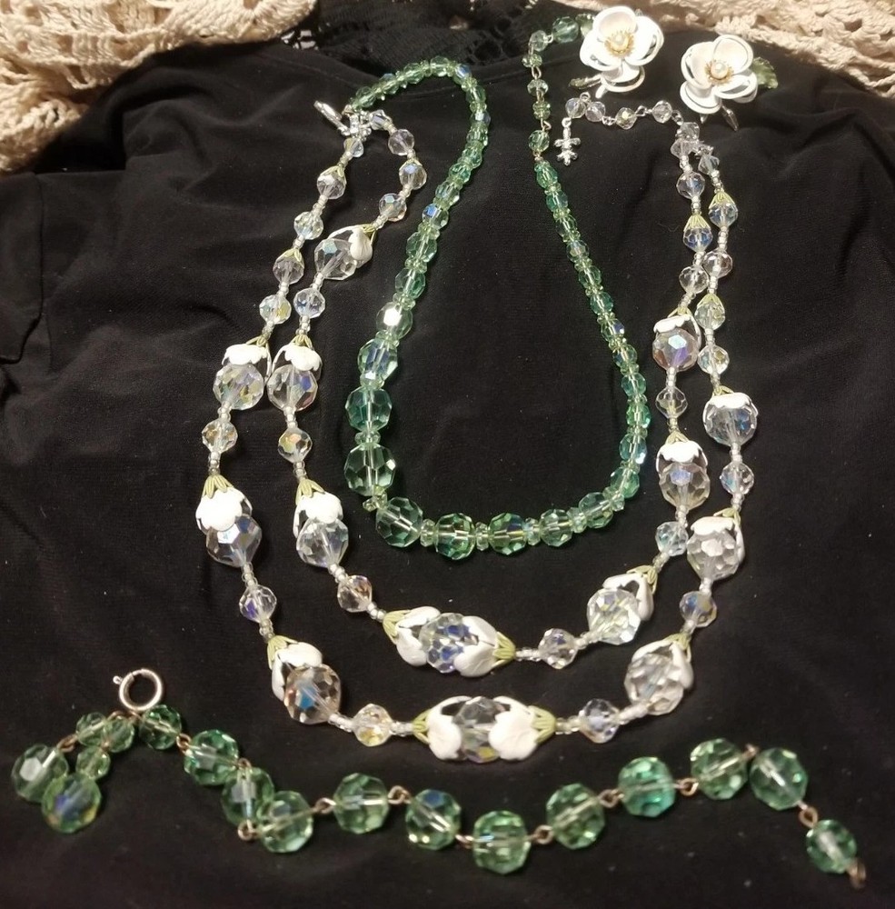 Vendome Jewelry Set, 2 Necklaces, Australian Crystal, Earrings, Bracelet, Green