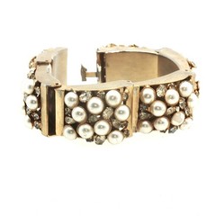 Vintage Gold‑Tone Pearl & Rhinestone Bracelet – Hinged Link Design, Cluster Pear