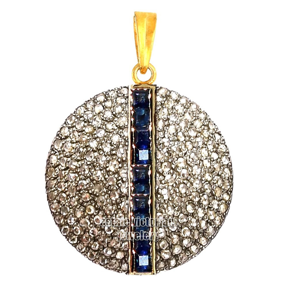 Stunning 2.90ctw Rose Cut Diamond Sapphire Silver Victorian Disc Pendant Jewelry