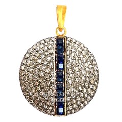 Stunning 2.90ctw Rose Cut Diamond Sapphire Silver Victorian Disc Pendant Jewelry