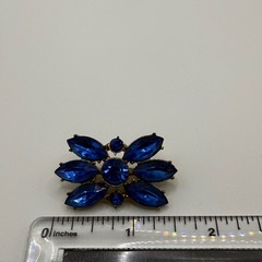 Vintage Sapphire Blue Rhinestone Floral Brooch Gold Tone Mid Century Sunburst