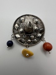 Vintage Sterling Silver Hat Sombrero Lapis Amber Coral Brooch 4.5cm JB23