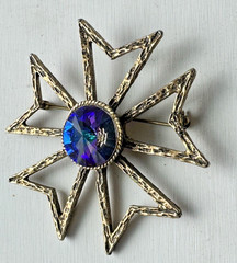 Vintage Signed Edlee Rivoli Purple Rhinestone Maltese Cross Brooch Etruscan