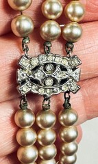 Vintage Triple Strand Faux Pearl Bracelet With Fancy Rhinestone Clasp 6.5”