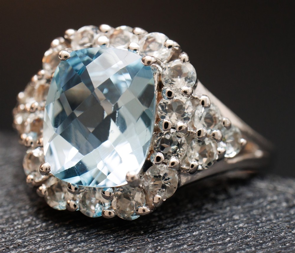 Size 9 Blue Topaz Cushion & Cluster Halo Sterling Silver Ring