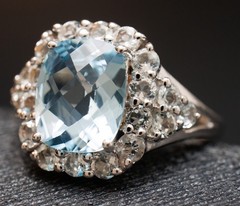 Size 9 Blue Topaz Cushion & Cluster Halo Sterling Silver Ring