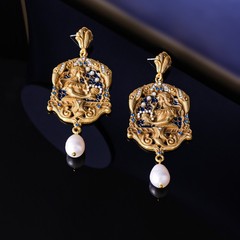 Vintage French Oil Painting Pearl Dangle Drop Earrings Court Gold Statement Gift