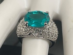 925 Sterling Silver vintage cocktail ring .5” aquamarine Ring 8 ornate MCM domed