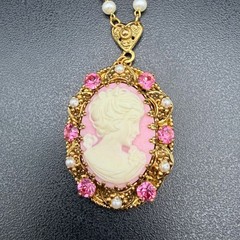 Vintage West Germany Pink Cameo Necklace Exceptional Brass Filigree 1960s